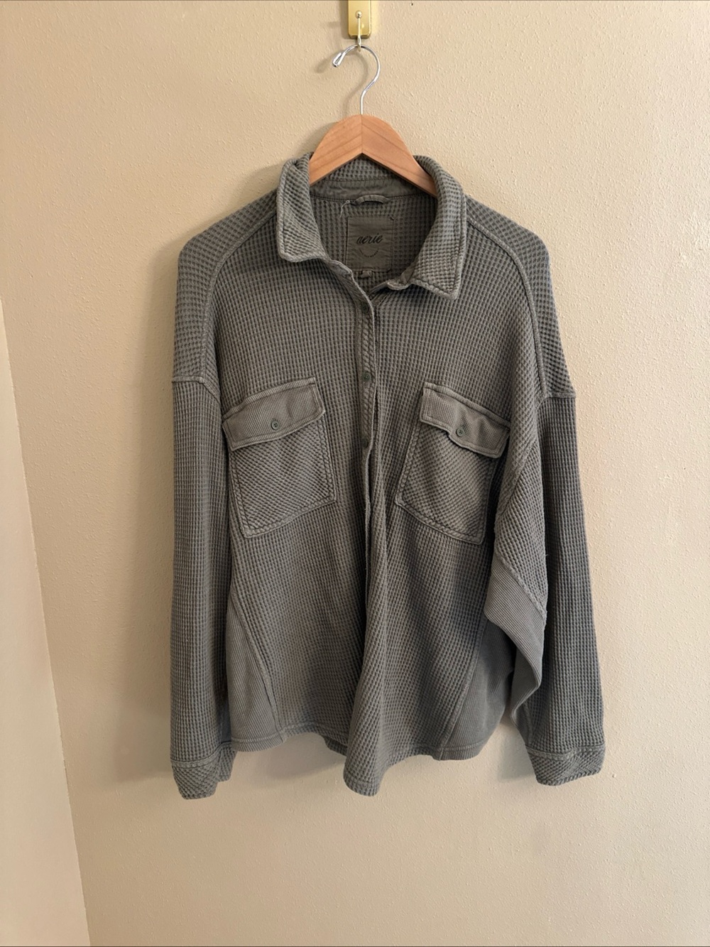 Aerie Lumberjane Waffle Shirt Women XL Green Oversized Button Down Shacket